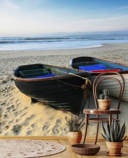 Twee boten op de muurschildering van het strand Twee boten op de muurschildering van het strand