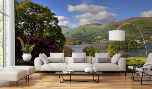 Wunderschönes Lake District Bäume See und Hügel Fototapete