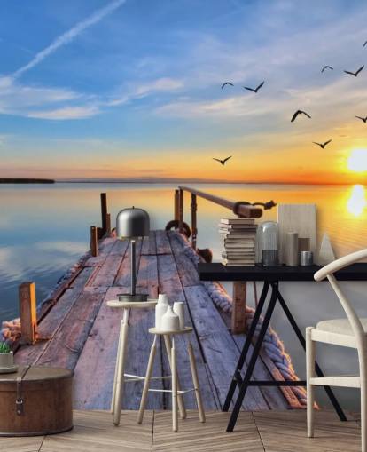 sjö tapetväggmålning som heter Lake Sunrise på Wallsauce för badrum, sovrum och kontor sjö tapetväggmålning som heter Lake Sunrise på Wallsauce för badrum, sovrum och kontor