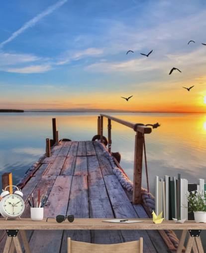 lake wallpaper mural called Lake Sunrise at Wallsauce for bathrooms, bedrooms and offices lake wallpaper mural called Lake Sunrise at Wallsauce for bathrooms, bedrooms and offices