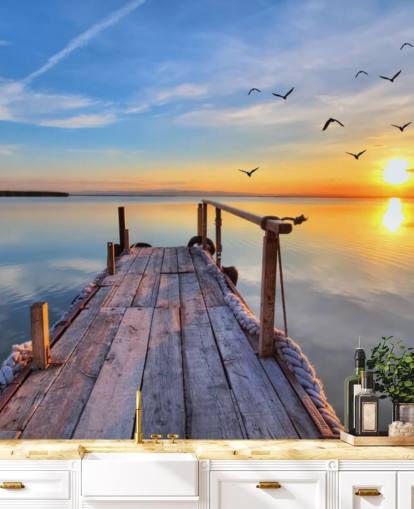 sjö tapetväggmålning som heter Lake Sunrise på Wallsauce för badrum, sovrum och kontor sjö tapetväggmålning som heter Lake Sunrise på Wallsauce för badrum, sovrum och kontor