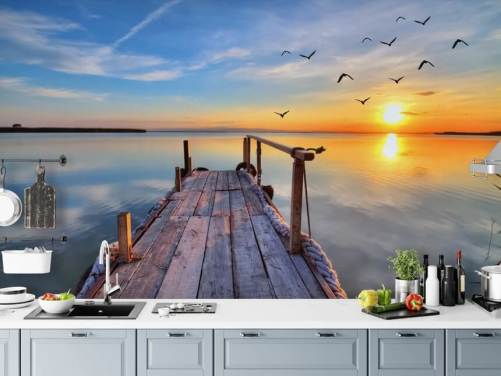 lake wallpaper mural called Lake Sunrise at Wallsauce for bathrooms, bedrooms and offices