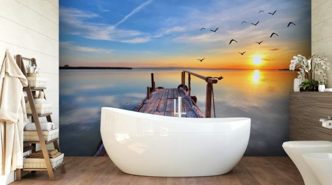 lake wallpaper mural called Lake Sunrise at Wallsauce for bathrooms, bedrooms and offices