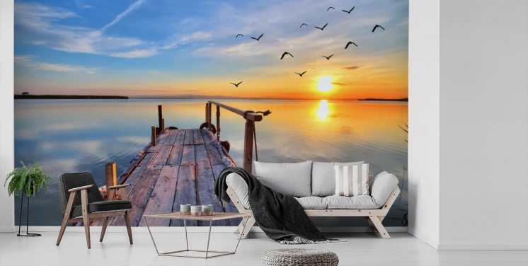 carta da parati murale con lago chiamata Lake Sunrise at Wallsauce per bagni, camere da letto e uffici