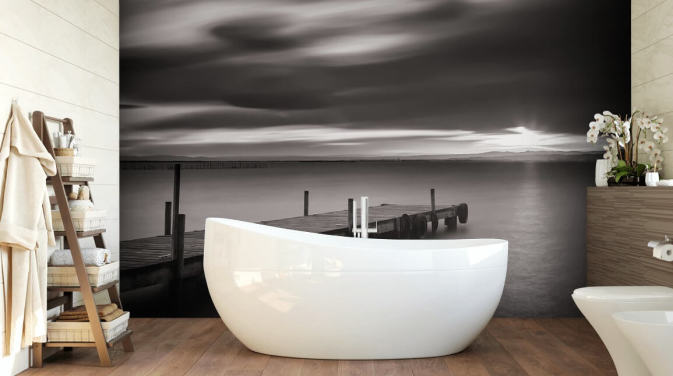 Black and White Jetty and Lake Wallpaper