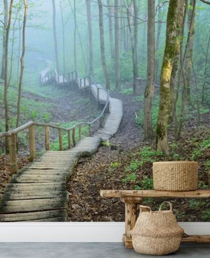 grønt og brunt tilpasset skogskogstapetveggmaleri kalt Foggy Forest Stairway grønt og brunt tilpasset skogskogstapetveggmaleri kalt Foggy Forest Stairway