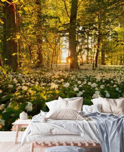 grønt tilpasseligt skovtapet vægmaleri kaldet Beautiful Sunlit Forest til soveværelser og stuer grønt tilpasseligt skovtapet vægmaleri kaldet Beautiful Sunlit Forest til soveværelser og stuer