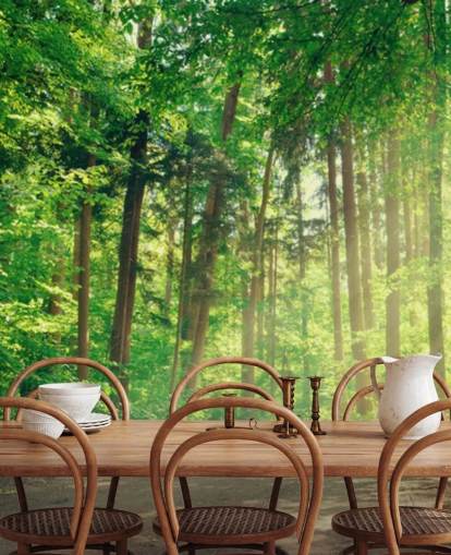 carta da parati verde personalizzata in legno chiamata Forest Track Sunlight per salotti o uffici carta da parati verde personalizzata in legno chiamata Forest Track Sunlight per salotti o uffici