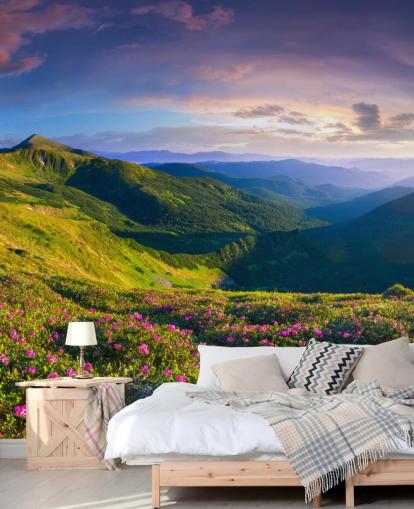 mural de papel de parede de montanha verde e roxo chamado Lush Green Mountains para quartos, salas de estar e escritórios domésticos mural de papel de parede de montanha verde e roxo chamado Lush Green Mountains para quartos, salas de estar e escritórios domésticos