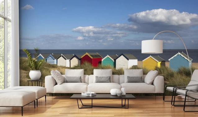 Kleurrijke strandhutten behang
