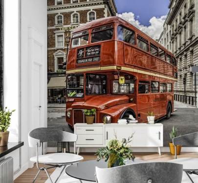 Vintage Red London dobbeltdækker Bus i Street Baggrund