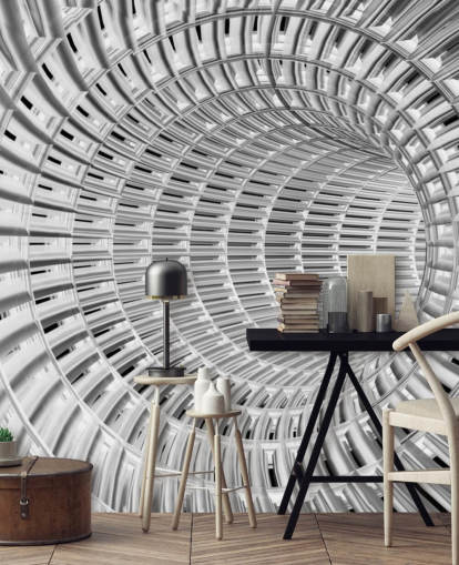 Carta da parati tunnel 3D in metallo argento e bianco Carta da parati tunnel 3D in metallo argento e bianco