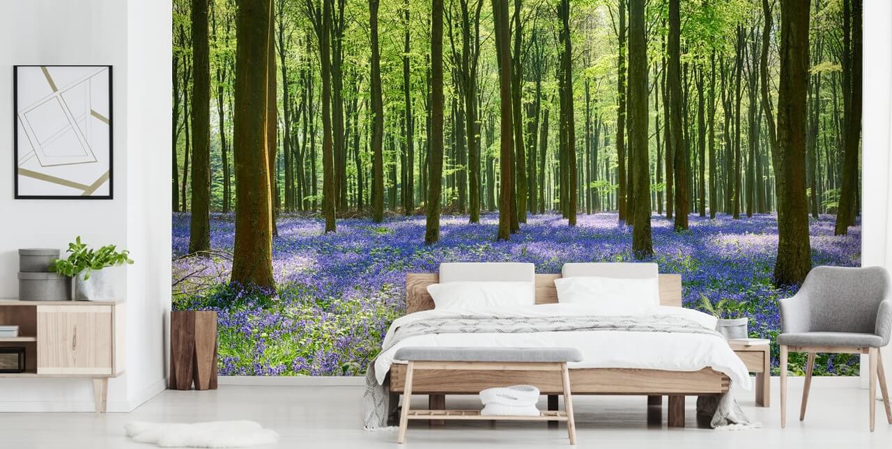 blauwe en groene bosbehangmuurschildering genaamd Bluebell Forest voor slaapkamers, woonkamers en keukens