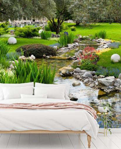 papier peint mural d'étang personnalisable vert appelé Asian Garden and Pond pour les maisons de retraite, les entreprises et les dentistes papier peint mural d'étang personnalisable vert appelé Asian Garden and Pond pour les maisons de retraite, les entreprises et les dentistes