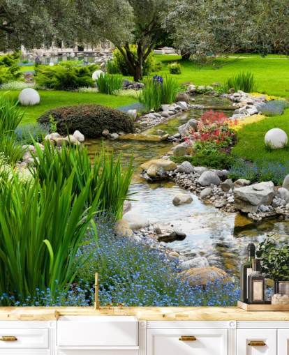 grønt tilpassbart damtapet veggmaleri kalt Asian Garden and Pond for omsorgsboliger, bedrifter og tannleger grønt tilpassbart damtapet veggmaleri kalt Asian Garden and Pond for omsorgsboliger, bedrifter og tannleger