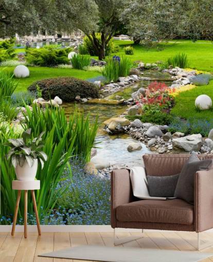 grön anpassningsbar dammtapet väggmålning kallad Asian Garden and Pond för vårdhem, företag och tandläkare grön anpassningsbar dammtapet väggmålning kallad Asian Garden and Pond för vårdhem, företag och tandläkare