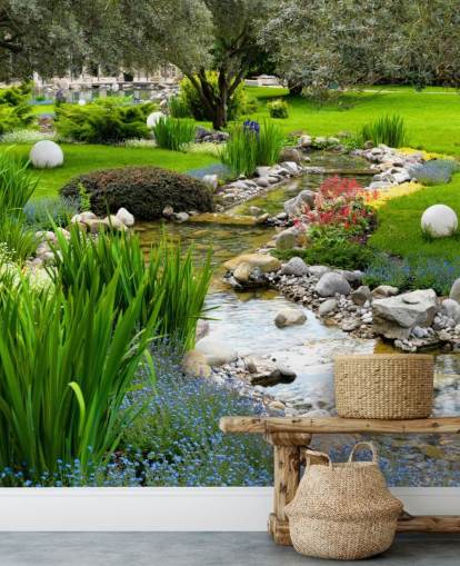 grön anpassningsbar dammtapet väggmålning kallad Asian Garden and Pond för vårdhem, företag och tandläkare grön anpassningsbar dammtapet väggmålning kallad Asian Garden and Pond för vårdhem, företag och tandläkare