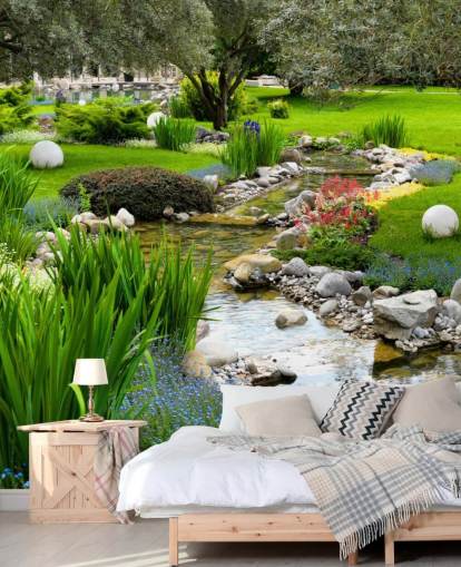 mural verde personalizable de papel pintado de estanque llamado Asian Garden and Pond para residencias de ancianos, negocios y dentistas mural verde personalizable de papel pintado de estanque llamado Asian Garden and Pond para residencias de ancianos, negocios y dentistas