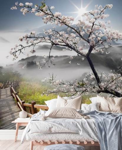 dimmigt bergstopp med körsbärsträd tapet kallad Japanese Walkway för kontor dimmigt bergstopp med körsbärsträd tapet kallad Japanese Walkway för kontor