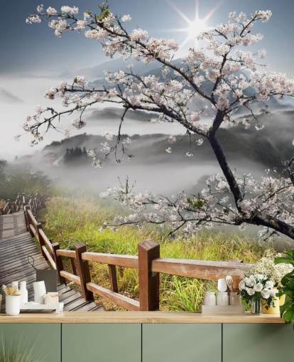 misty mountain top walkway with cherry blossom trees wallpaper called Japanese Walkway for offices misty mountain top walkway with cherry blossom trees wallpaper called Japanese Walkway for offices