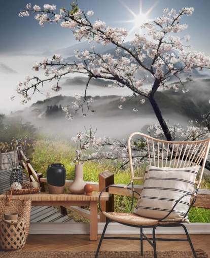 mistig wandelpad op een bergtop met kersenbloesembomen, behang genaamd Japanese Walkway voor kantoren mistig wandelpad op een bergtop met kersenbloesembomen, behang genaamd Japanese Walkway voor kantoren