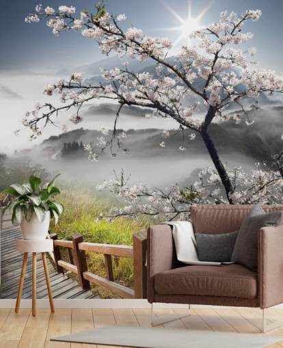 misty mountain top walkway with cherry blossom trees wallpaper called Japanese Walkway for offices misty mountain top walkway with cherry blossom trees wallpaper called Japanese Walkway for offices