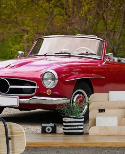 Punainen Vintage Merc Car Taustakuva Seinämaalaus Punainen Vintage Merc Car Taustakuva Seinämaalaus