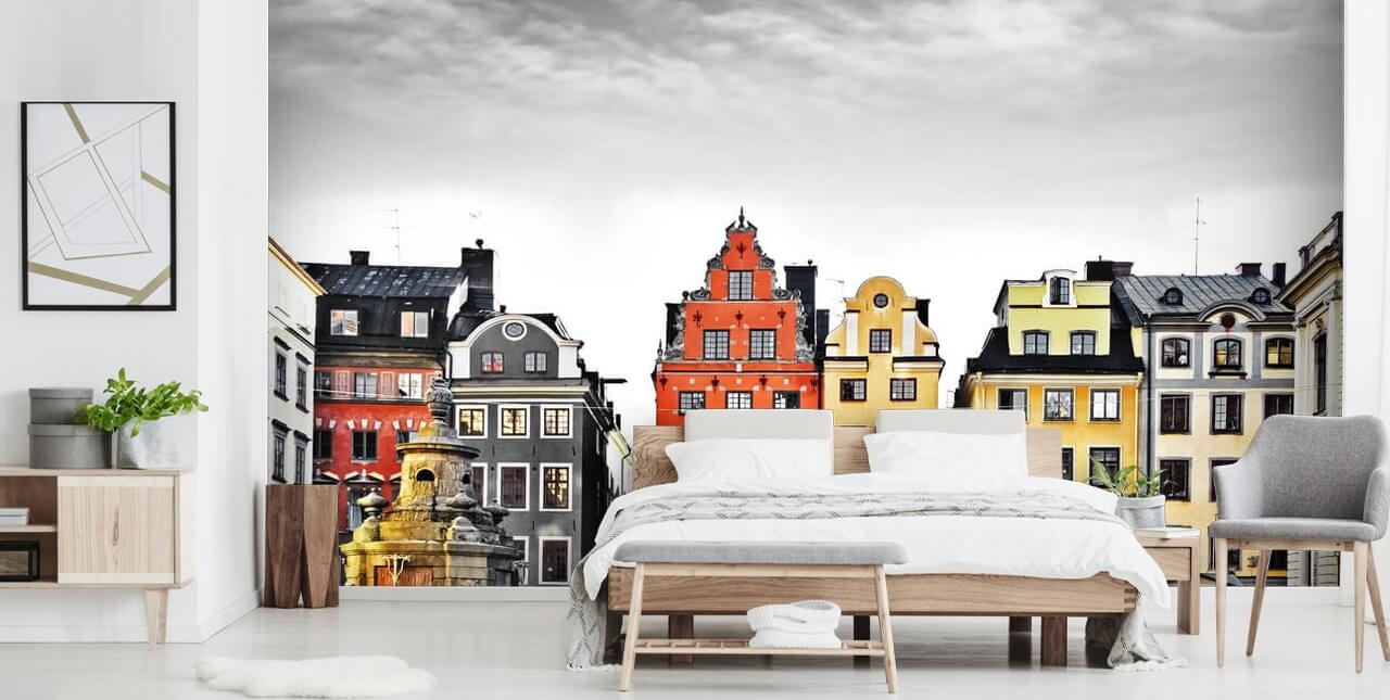 colourful old buildings in monochrome setting wallpaper