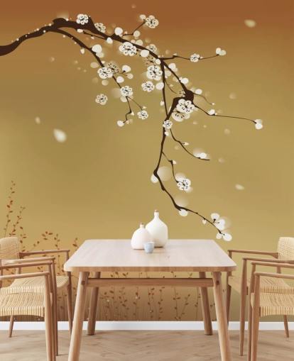 Floral White Blossom on Beige Background Mural  Floral White Blossom on Beige Background Mural