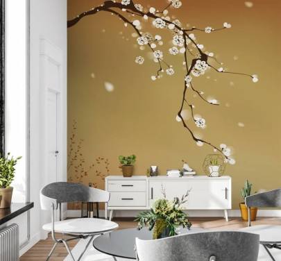 Mural Flores blancas sobre fondo beige 