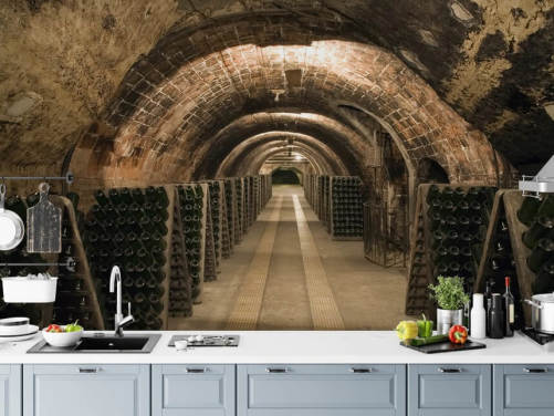 brunt tilpasseligt 3D vinkælder tapetmaleri kaldet Wine Cellar til køkkener.