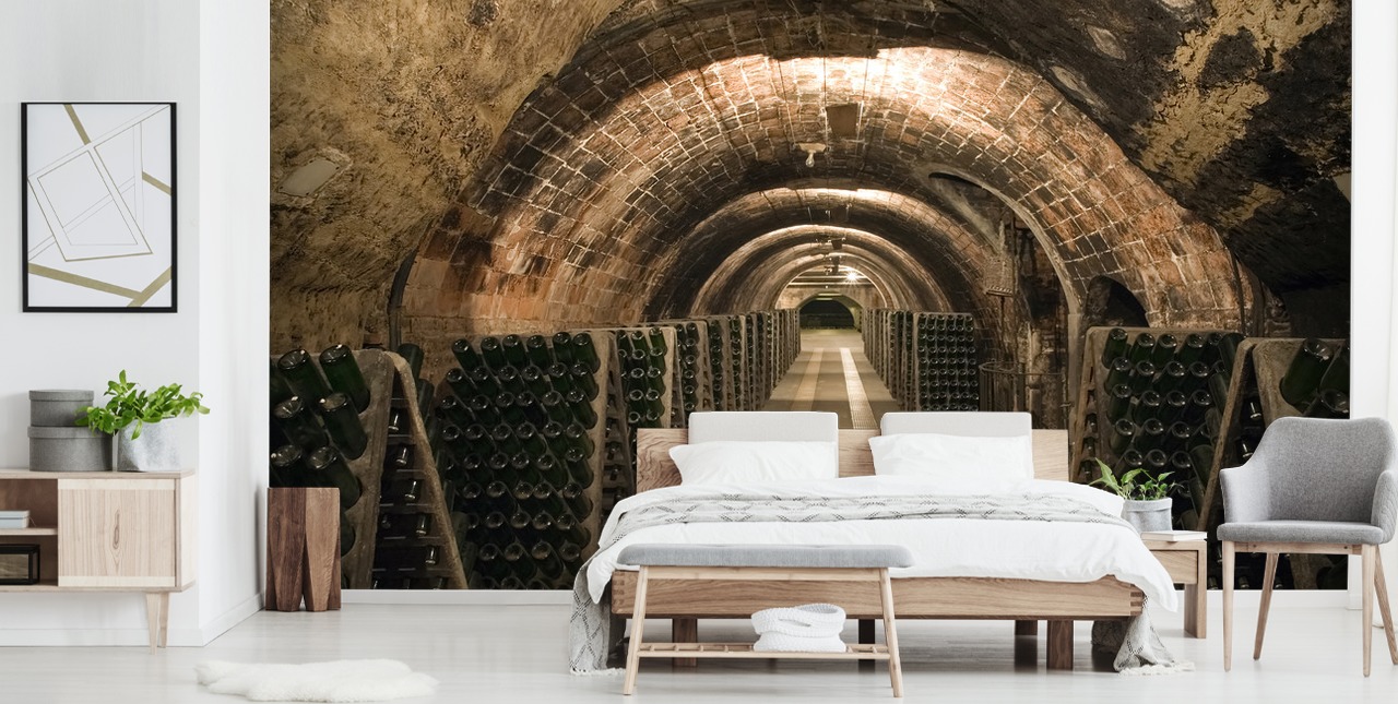 brunt tilpasseligt 3D vinkælder tapetmaleri kaldet Wine Cellar til køkkener.