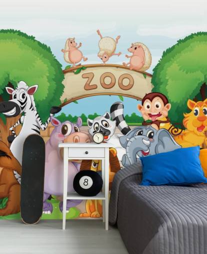 Mural de parede de desenho animado de entrada do zoológico com animais Mural de parede de desenho animado de entrada do zoológico com animais