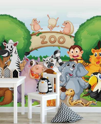 Zoo Entrance with Animals Cartoon Wall Mural Zoo Entrance with Animals Cartoon Wall Mural
