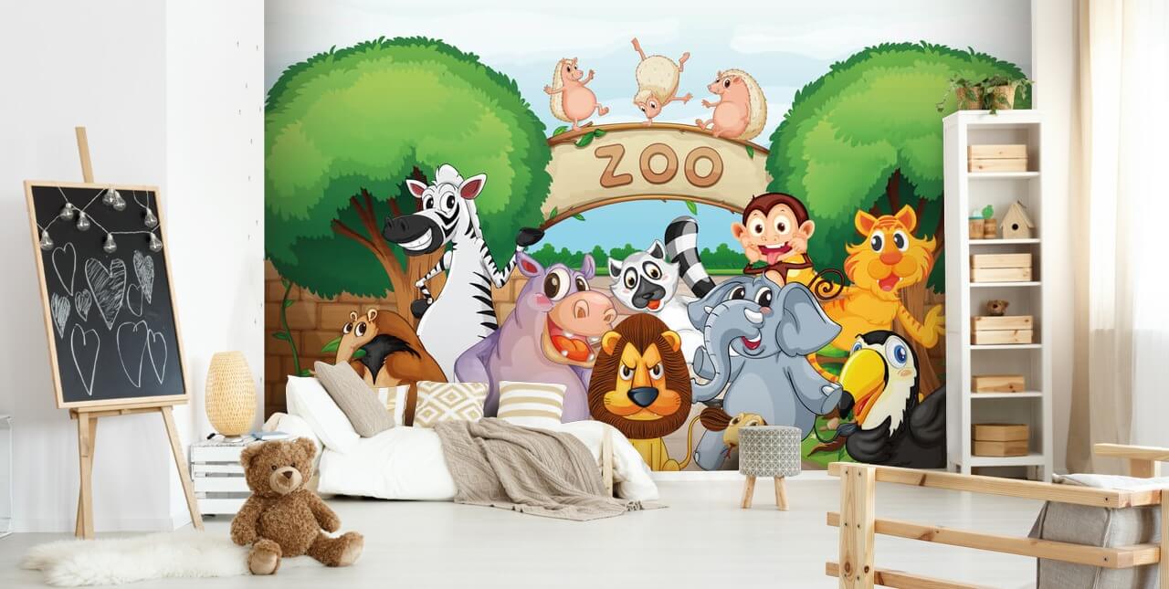 Ingang van de dierentuin met dieren Cartoon muurschildering Ingang van de dierentuin met dieren Cartoon muurschildering