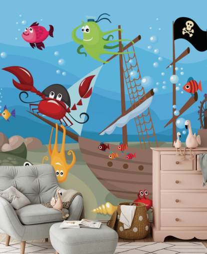 Tecknad fisk på ett piratskepp tapet Tecknad fisk på ett piratskepp tapet