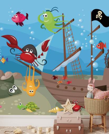 Cartoon Fish on a Pirate Ship Wallpaper Cartoon Fish on a Pirate Ship Wallpaper