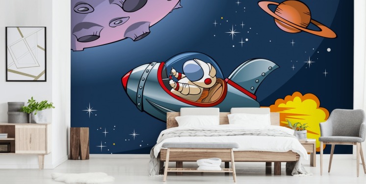 Cartoon Astronaut in Rocket Wallpaper