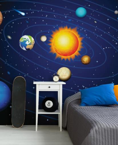 Kleurrijke muurschildering van het zonnestelsel Kleurrijke muurschildering van het zonnestelsel