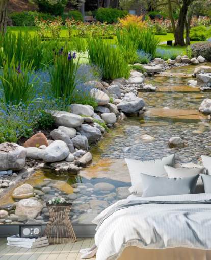 Afslappende japansk have med Brook Baggrund Afslappende japansk have med Brook Baggrund