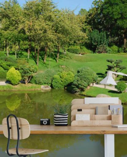 Jardim japonês com mural de parede da ponte vermelha Jardim japonês com mural de parede da ponte vermelha