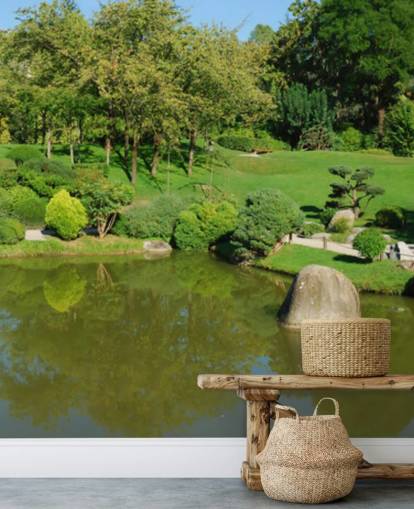 Jardim japonês com mural de parede da ponte vermelha Jardim japonês com mural de parede da ponte vermelha