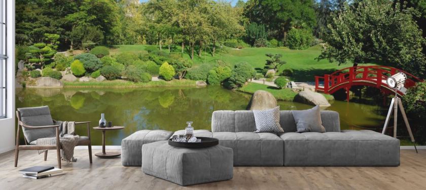 Japanese Garden with Red Bridge Wall Mural