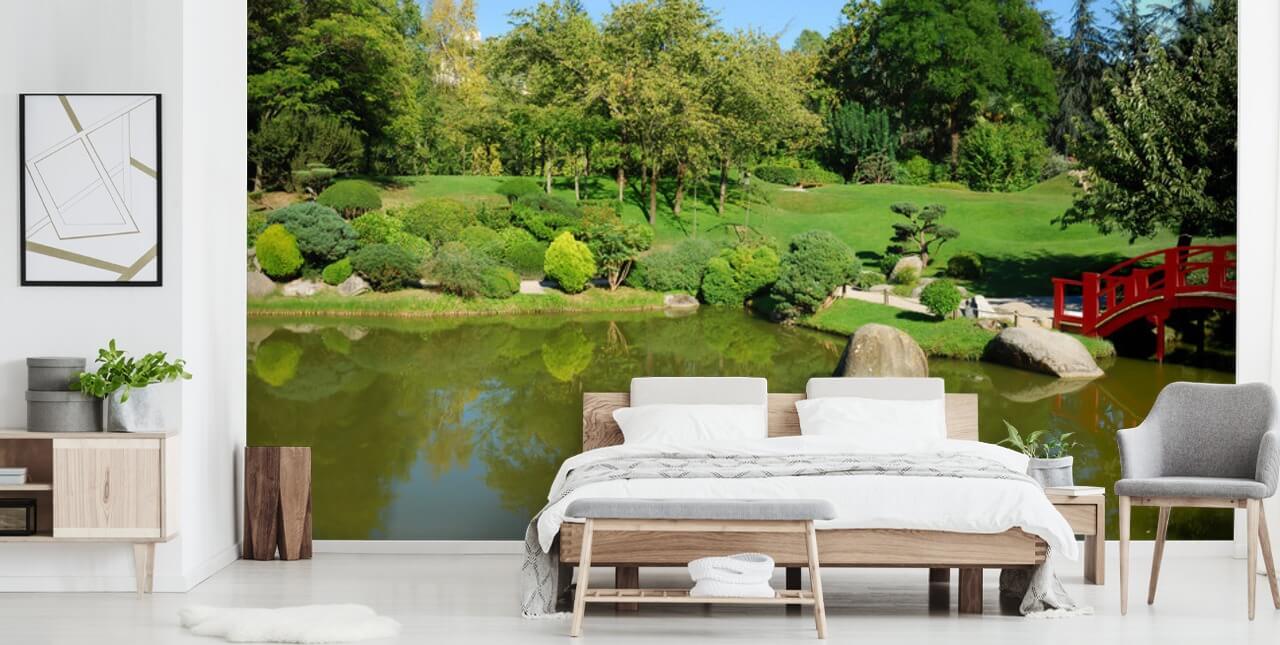 Japanese Garden with Red Bridge Wall Mural