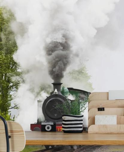 Carta da parati con treno a vapore rosso e verde Carta da parati con treno a vapore rosso e verde