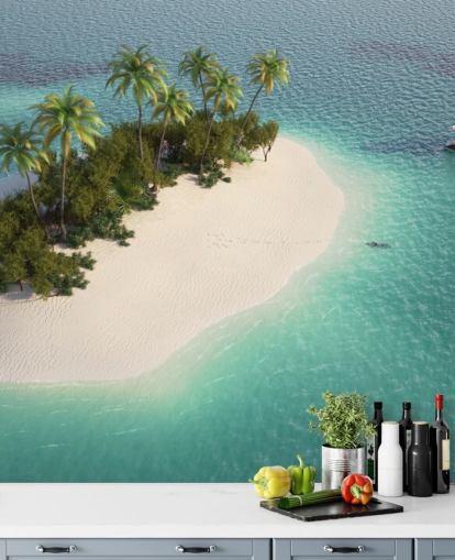 Aerial View of Small Palm Tree Island og Båt Bakgrunn Aerial View of Small Palm Tree Island og Båt Bakgrunn