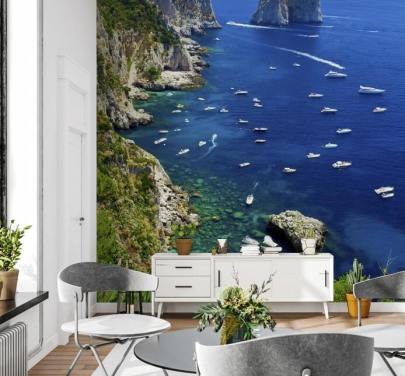 Blue Waters Capri Coast Line with Speed Boats Wall Mural