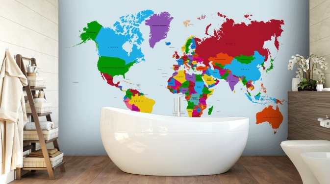 multicoloured custom world map wallpaper called Colour Map of the World for offices and kid's bedrooms