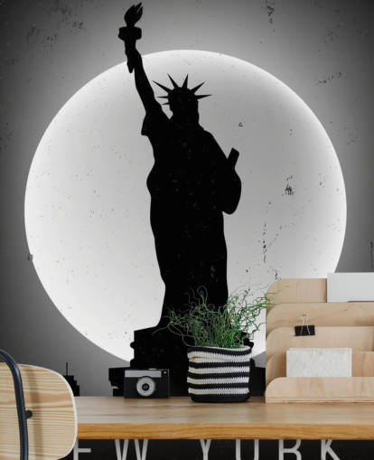 Svart og hvit måne silhuett av Statue of Liberty Mural Svart og hvit måne silhuett av Statue of Liberty Mural