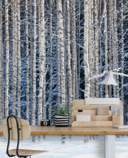 mural de papel de parede de floresta de inverno chamado Snowy Birch Forest para quartos mural de papel de parede de floresta de inverno chamado Snowy Birch Forest para quartos